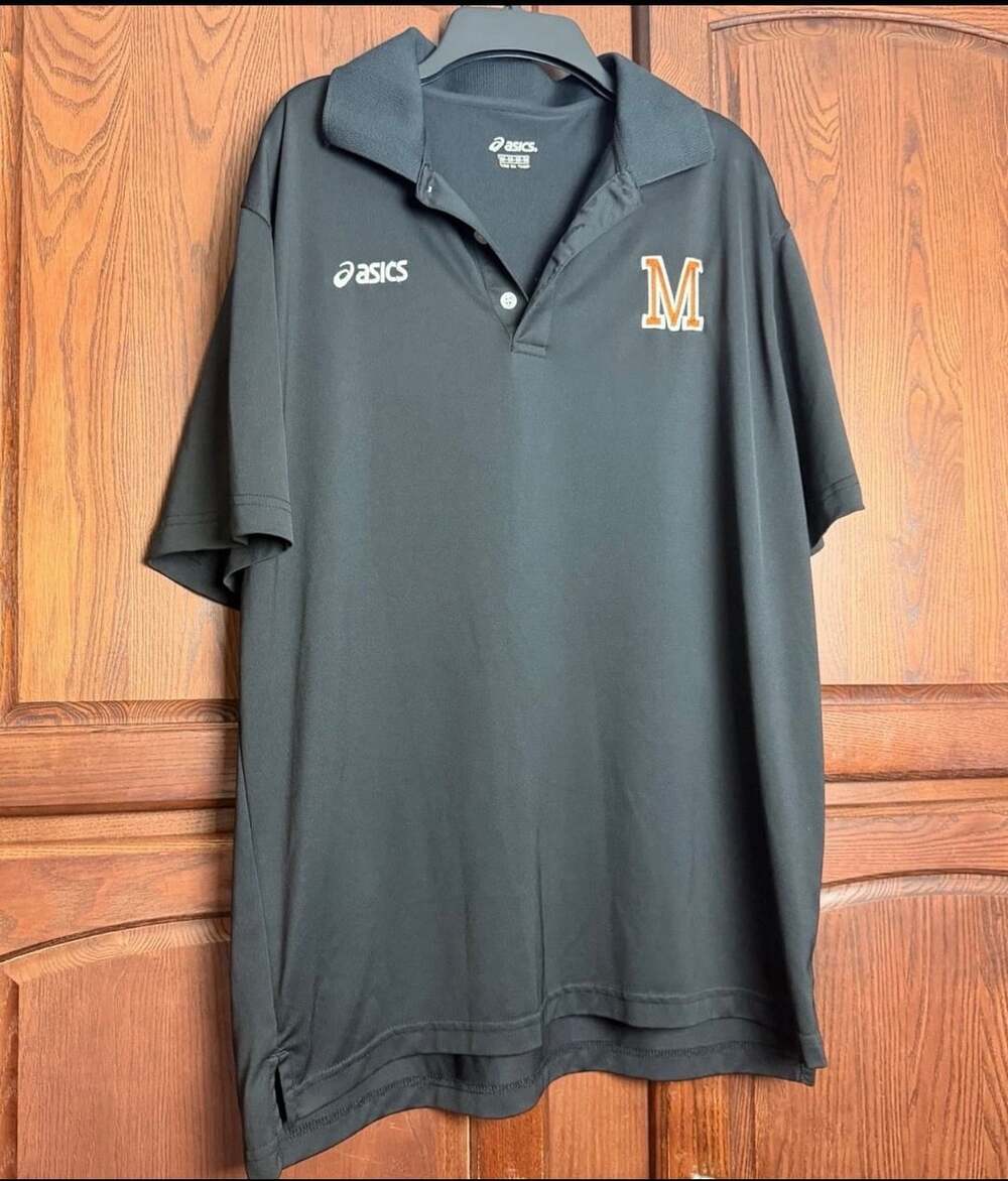 Asics Polo Shirt Size M Black Orange “M” Logo Athletic Golf